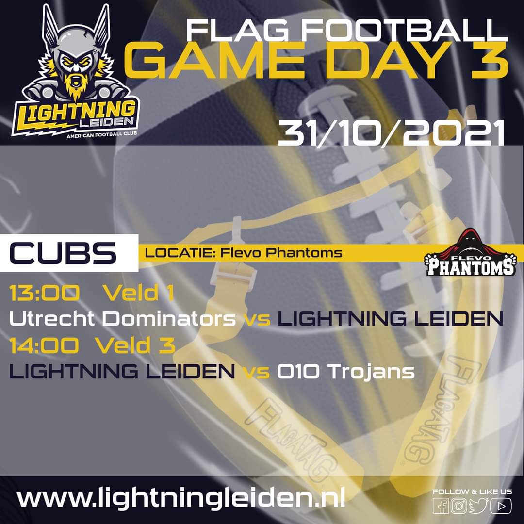 Het is niet alleen het weekend van Halloween en de klok die achteruit gaat, maar ook het weekend van Flag Football wedstrijden! A.s. zondag spelen de Cubs in Almere en de Senioren de wedstrijden op onze eigen velden. 

Kom langs en #bethethuder bij Lightning Leiden!