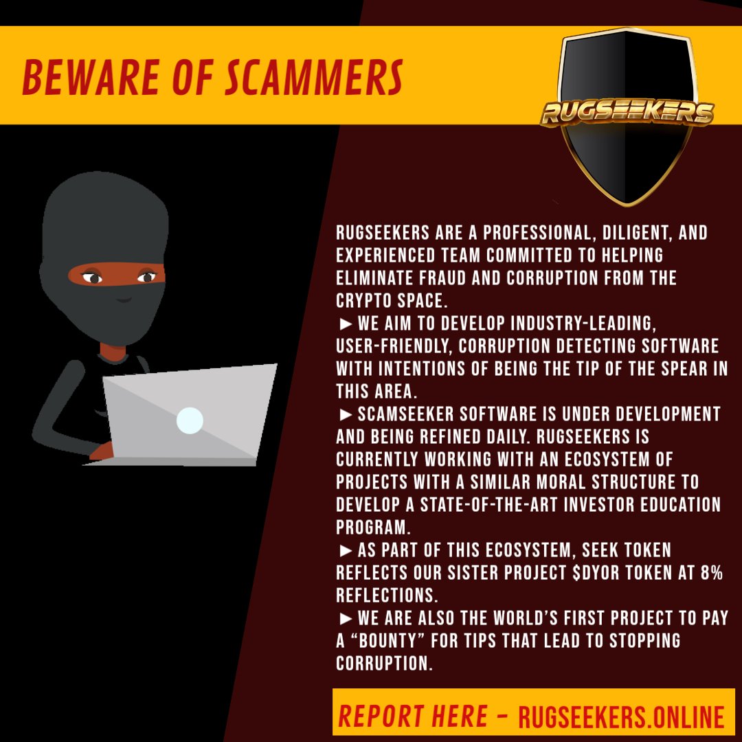 Marissa_crypto's tweet image. Thats why we have aka "#cryptocops"  @RugSeekers to help us with this kind of crap things happening  in #crypto space.  They give free assessment to a certain project to avoid being scammed.  They are professionals❤ #SEEKTOKEN is the most undervalued #bsc. 👀