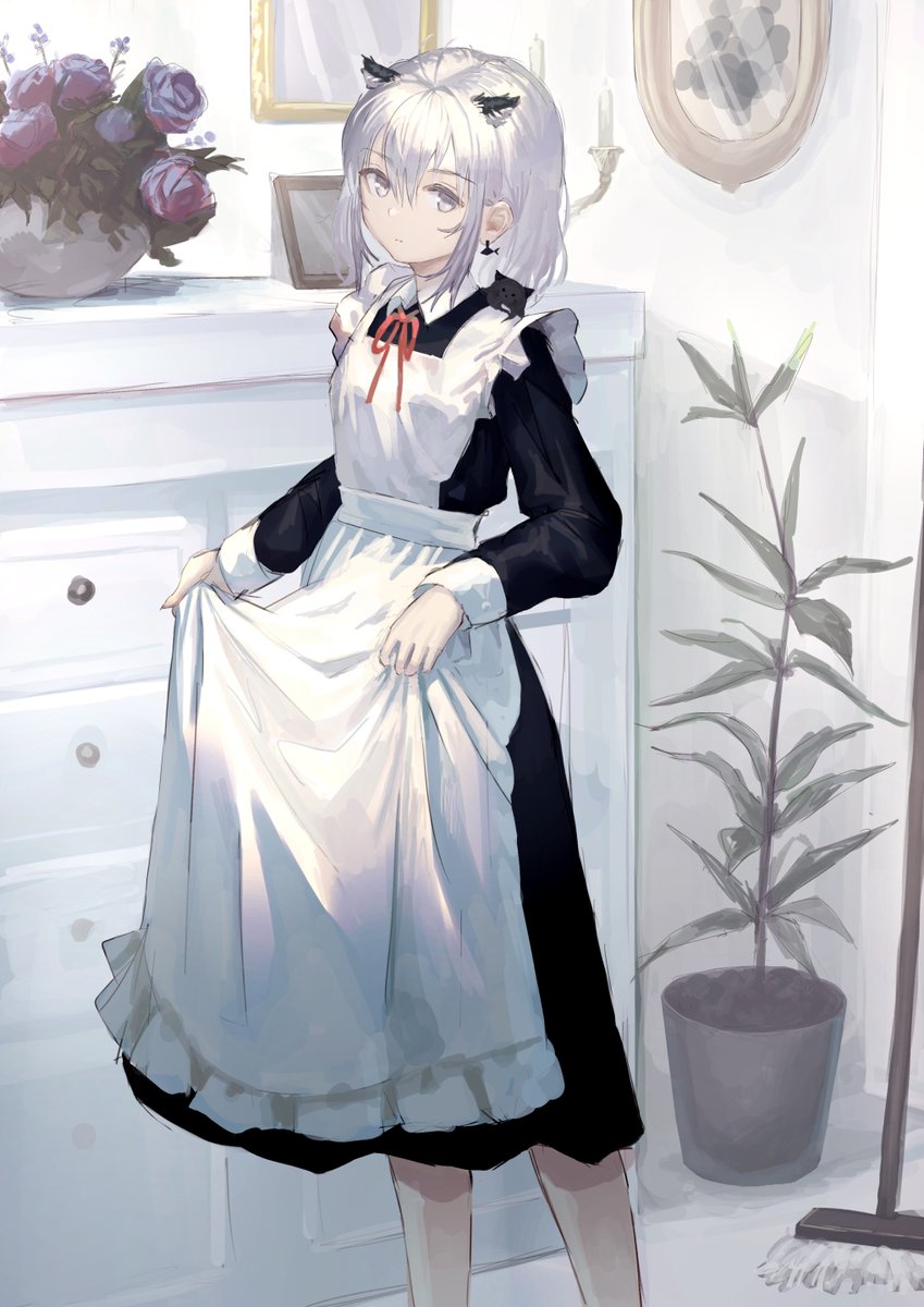 1girl solo apron maid animal ears grey eyes maid apron  illustration images