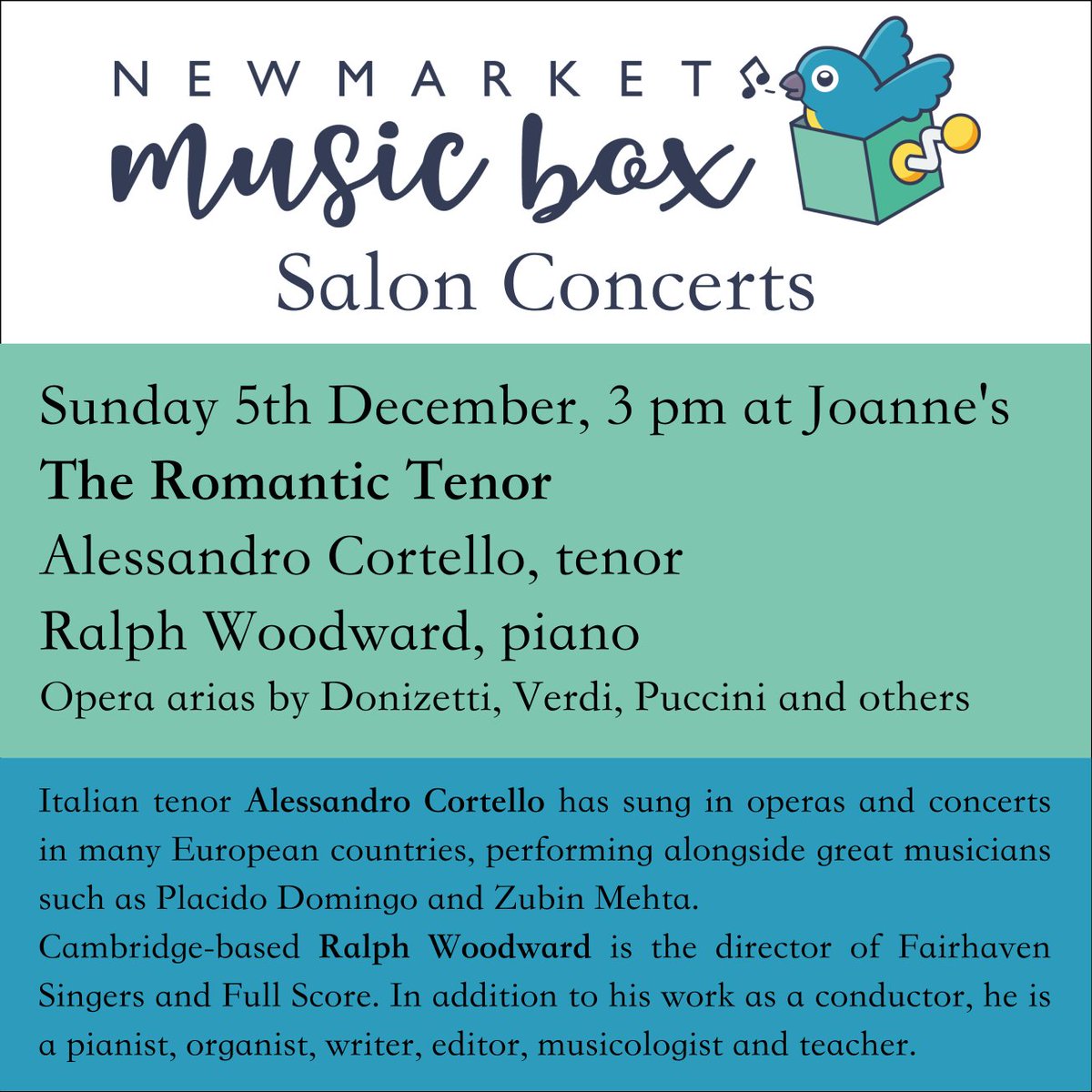 nmkmusicbox's tweet photo. We are back with an exciting news: Salon Concerts are finally on! Follow the link and book your place for "The Romantic Tenor" with Alessandro Cortello and Ralph Woodward!
https://t.co/KCvb8GVVw0

#NMB #Newmarket #musicbox #romantic #tenor #piano #livemusic #concert #salon #opera https://t.co/MCuArzBPWp