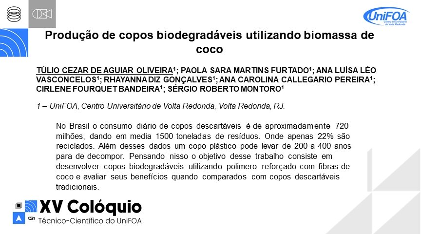 tuliodeaguiar's tweet photo. ESSE TWET É  A APRESENTAÇÃO DE UM E-PÔSTER NO XV COLÓQUIO TÉCNICO-CIENTIFICO DO UNIFOA COM O TEMA: PRODUÇÃO DE COPOS BIODEGRADÁVEIS UTILIZANDO BIOMASSA DE COCO
@ColoquioUniFOA

#xvcoloquiounifoa https://t.co/5R76CE2rf1