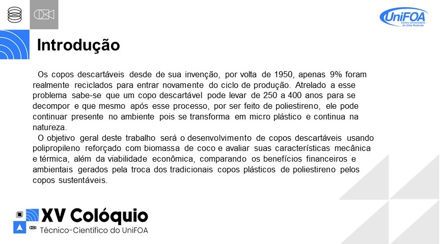 tuliodeaguiar's tweet photo. ESSE TWET É  A APRESENTAÇÃO DE UM E-PÔSTER NO XV COLÓQUIO TÉCNICO-CIENTIFICO DO UNIFOA COM O TEMA: PRODUÇÃO DE COPOS BIODEGRADÁVEIS UTILIZANDO BIOMASSA DE COCO
@ColoquioUniFOA

#xvcoloquiounifoa https://t.co/5R76CE2rf1