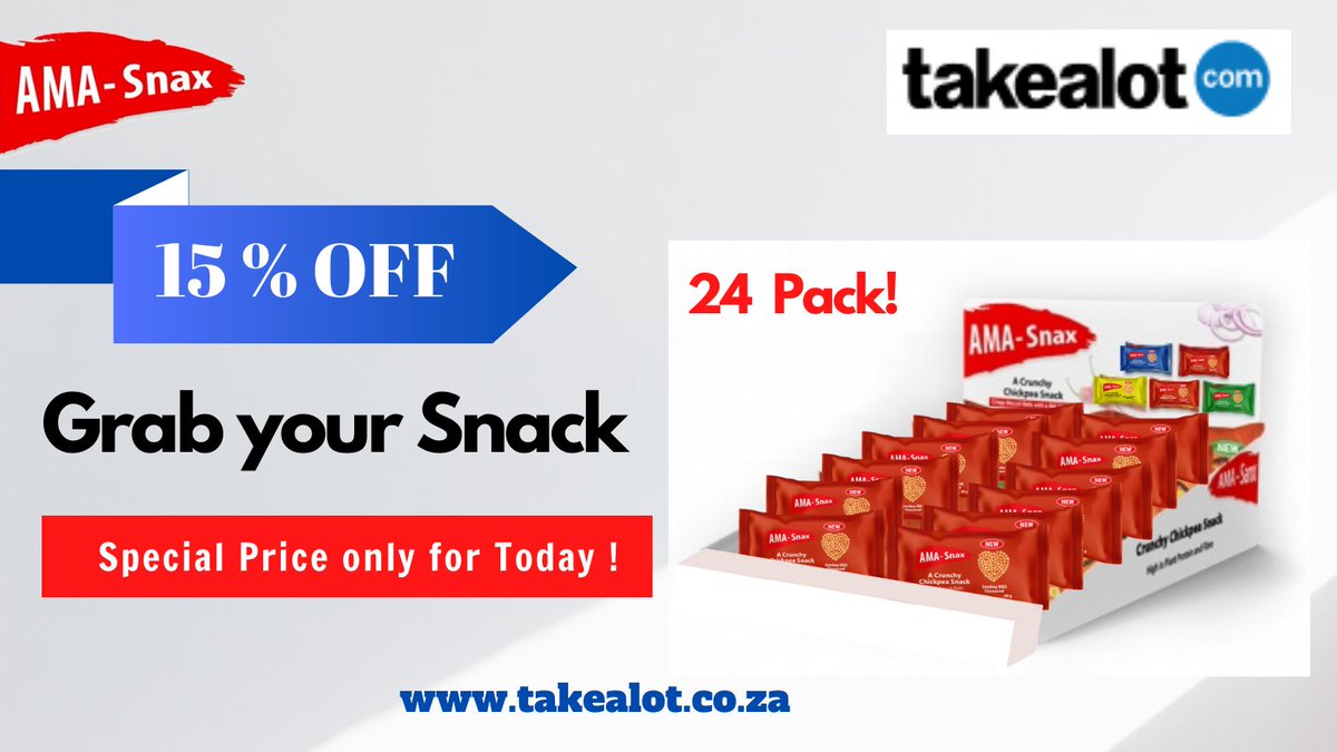 SkinniSnax_SA's tweet photo. 🔥 15% off on AMA Snax  Only today at Takealot! 🔥  

👉 https://t.co/uE34Z7ymjw

Grab your favourite flavoured 24 pack.

#AMASnax #takealot #deal #dailydeal #healthysnacks #chickpeasnacks #24pack #discount #crunchychickpea #vegetariansnacks #healthysnacking  #southafrica https://t.co/sSX1CX4Myn