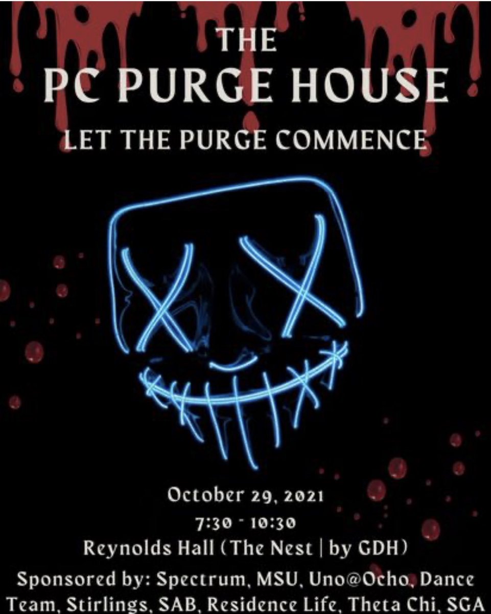 PCAcadSuccess's tweet photo. Looking for something to do tonight? Be sure to stop by The PC Purge House for a spooktacular time. 👻 

#AcademicSucccess #BeABlueHose #ASO #PresbyterianCollege #HigherEd #Academics #AcademicSuccessOffice #College #FirstGen #PresbyFirst+ #Education #University https://t.co/NsVbcxSTja
