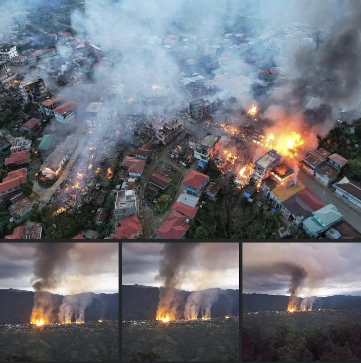 It is estimated than more than 100 houses including a Church and office building of Thantlang Baptist Church have been destroyed by arson attack of SAC Terrorists as to 6: 40 pm, Myanmar Time. #WhatsHappeningInMyanmar #Oct29Coup #WarCrimesOfJunta