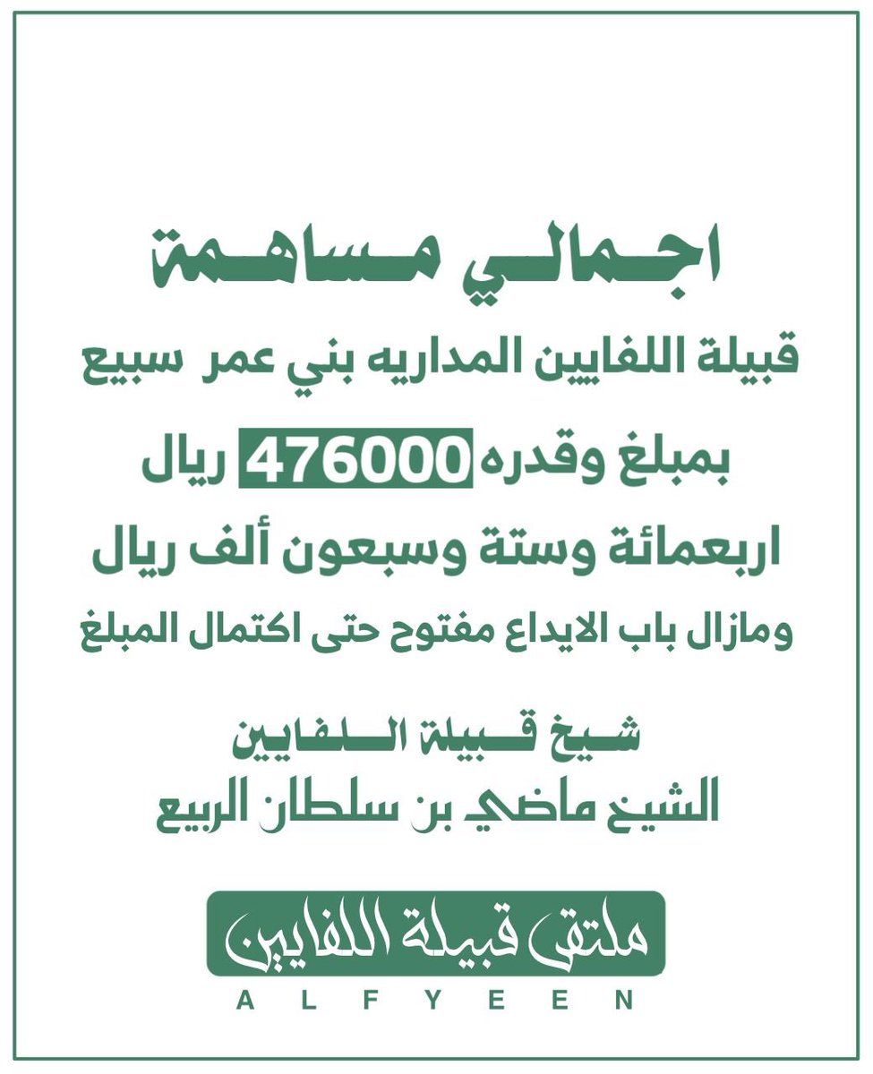 ALFYEEN's tweet photo. مساهمة 
قبيلة #اللفايين المداريه #بني_عمر  #سبيع في 
#عتق_رقبه_ناصر_السبيعي
بمبلغ وقدره  ( 476000) ريال
اربعمائة وستة وسبعون ألف ريال
ومازال باب الايداع مفتوح حتى اكتمال المبلغ
شيخ قبيلة اللفايين 
الشيخ ماضي بن سلطان الربيع
#ملتقى_قبيلة_اللفايين https://t.co/Ml6KETVMtJ