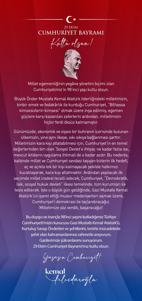 “Bilhassa kimsesizlerin kimsesi” olmak üzere kurulan güzel Cumhuriyetimiz, 98 yaşında!
Doğum günün kutlu olsun Türkiye Cumhuriyeti🇹🇷
