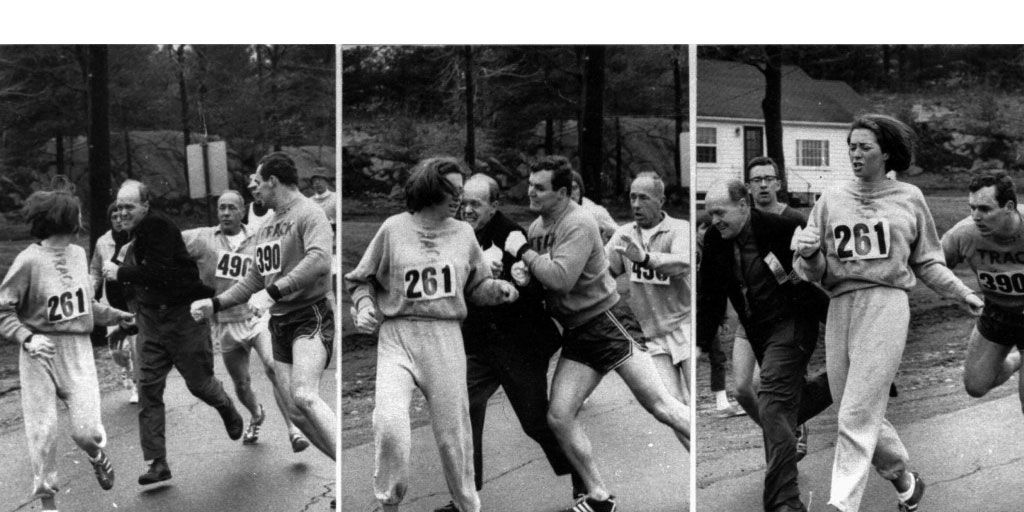 LexingtonHSHist's tweet photo. This year's 🎃historical figure that the ladies (plus Mr. David!) of Lexington High Social Studies are paying tribute to is Kathrine Switzer, who ran the Boston Marathon in 1967 when women were not permitted. She evaded assault by race  officials with the help of fellow runners. https://t.co/4tkIDJGhyC