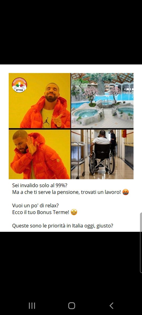 PartAttiva21's tweet photo. Siamo alle solite, il #Governo dei migliori toglie ai fragili ed elargisce a chi non ne ha bisogno. Concede il #BonusTerme anche ai ricchi (non c’è bisogno di ISEE) e toglie l'assegno di 287€ per l’assistenza degli invalidi civili con piccoli impieghi. #PartecipazioneAttiva https://t.co/WDuH2x8Vsn