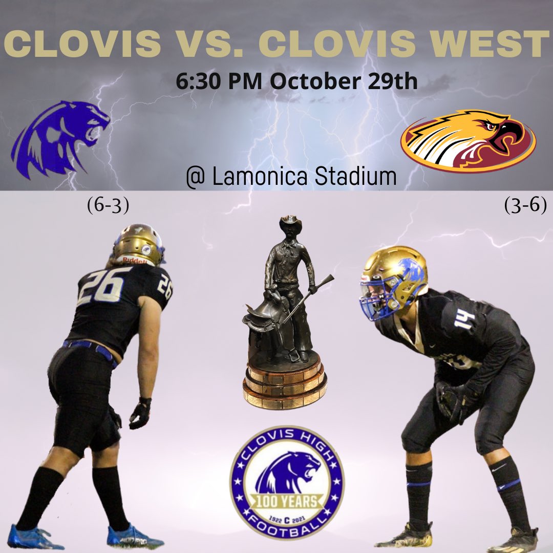 Happy Game Day Cougar Country! Tonight we take on Clovis West for the 43rd Range Rider trophy! See you tonight at Lamonica! Go Cougars! 🏈

#DriveForNine #CougarCountry 
<a href="/IsaiahSalsedo/">Isaiah Salsedo</a> <a href="/Smitty261/">Christian Smith</a>