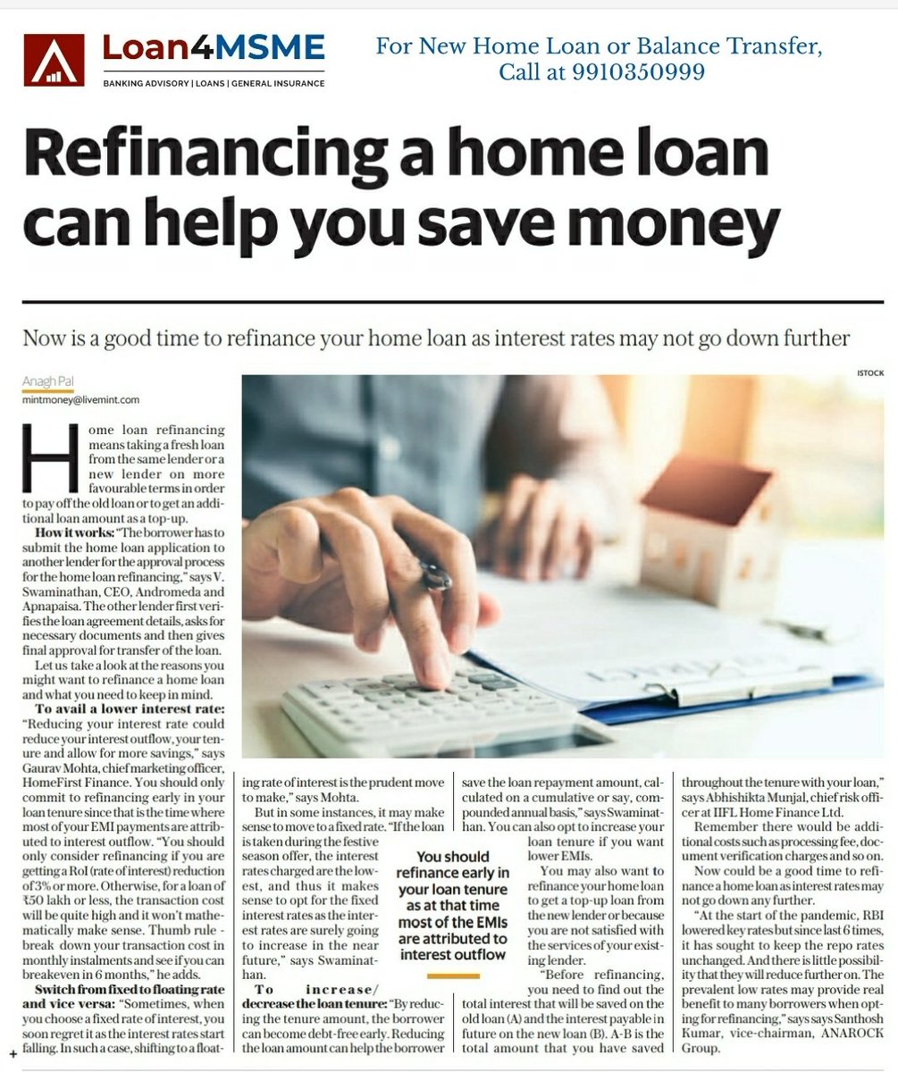 #HomeLoanBalanceTransfer 

- Interest Rate Starting from 6.40% onwards
- Quick loan sanction
- Low Processing Charges 
- Door step service
- Loan4MSME: "Personal Relationship Manager" service to help you take right decision on your financial matters

Call at 9910350999
#Loan4MSME