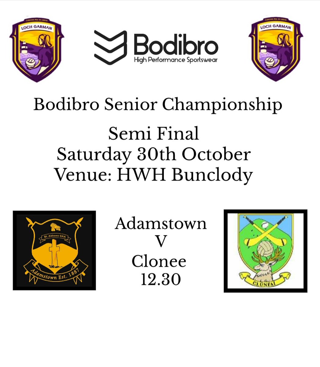 WexLadiesFoot's tweet photo. Then its over to Bunclody for the first of our @bodibro Senior Semi Finals get underway at 12.30 where @CloneeLGFC will go to battle wiyh @AdamstownGAA to see who books a place in this years Senior final 🏆

#LGFA 
@LeinsterLGFA
@LadiesFootball
@Zurich_Irl
@SERSport 
@aidand472 https://t.co/Co0hHYJQCF
