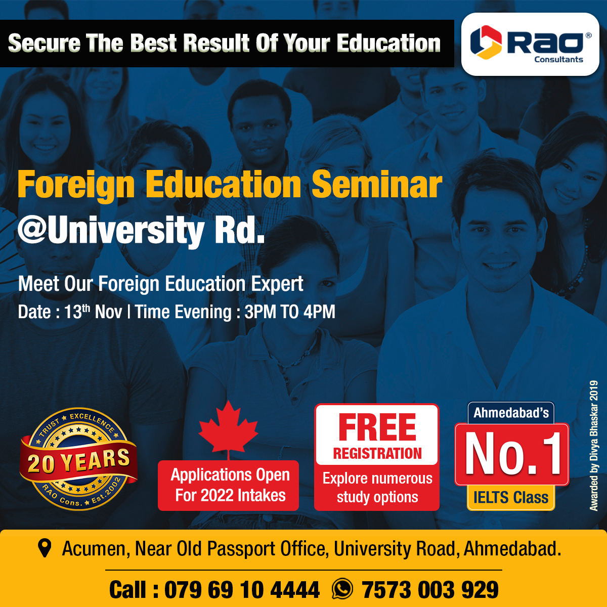 Rao_Consultants's tweet photo. Are you planning for Foreign Education? If yes, secure the best results of your education in abroad.
Register now on:
https://t.co/vELxB6CLeo
For more info Whatsapp on 7573 003 929.
#StudyAbroad #StudyAbroad2022 #StudyAbroadConsultants #StudyAbroadPrograms #StudyAbroadWebinar https://t.co/SdOf1SUBLA