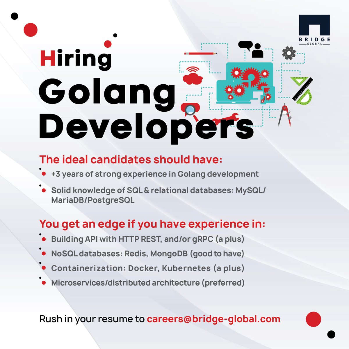 Bridge_Tweed's tweet image. “A workplace that inspires your passion". If you’re a #GolangDeveloper and if reading this line resonates with you, send your resume to careers@bridge-global.com.
#hiring #wearehiring #nowhiring #softwareprofessionals #programmers #BeABridgy #BridgeGlobal