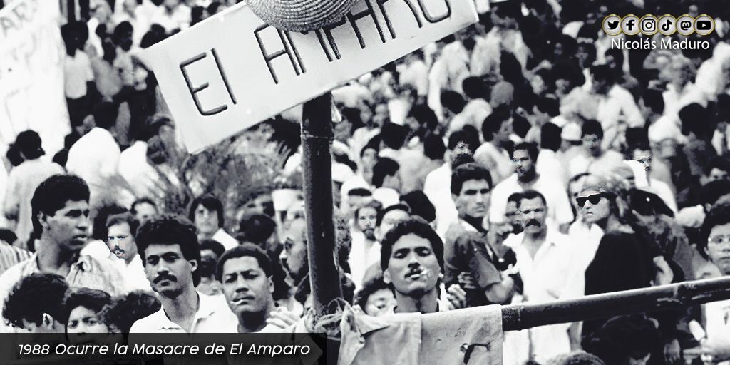 NicolasMaduro's tweet photo. Venezuela recuerda el vil asesinato de los 14 pescadores en la población de “El Amparo”, estado Apure. Una masacre repudiable, perpetrada por el puntofijismo de la IV República contra nuestro pueblo. A 33 años de este abominable hecho, la Patria reitera qué: ¡Más Nunca Volverán! https://t.co/nzAIwMsnPS