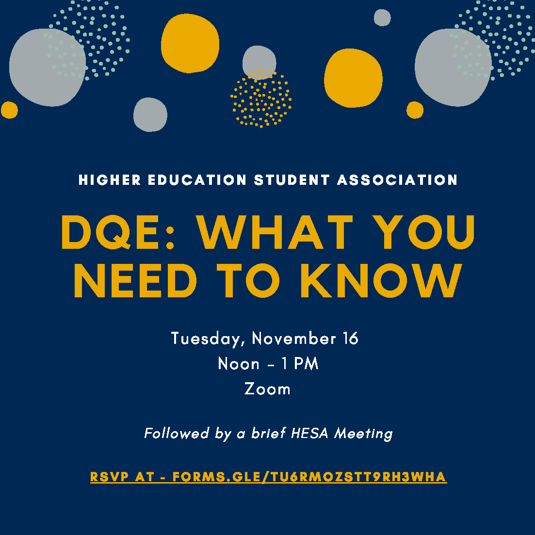 HESA will be hosting the session "DQE: What You Need to Know" on 11/16 at Noon via Zoom. Join us to learn tips and strategies for the doctoral qualifying exam. 

RSVP here - forms.gle/tU6rMozStt9rh3…