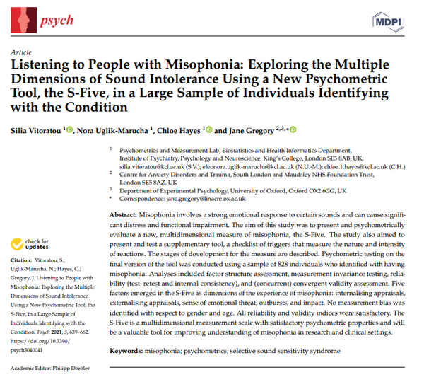 sfive_'s tweet photo. The #misophonia community was so generous with their time & wisdom in the creation of our questionnaire, the S-Five. Published at @MDPIOpenAccess - free for everyone to read, so the community can see what they helped produce. https://t.co/rU5arH9fQt
@SVitoratou @drjanegregory https://t.co/ivfD0InfZu