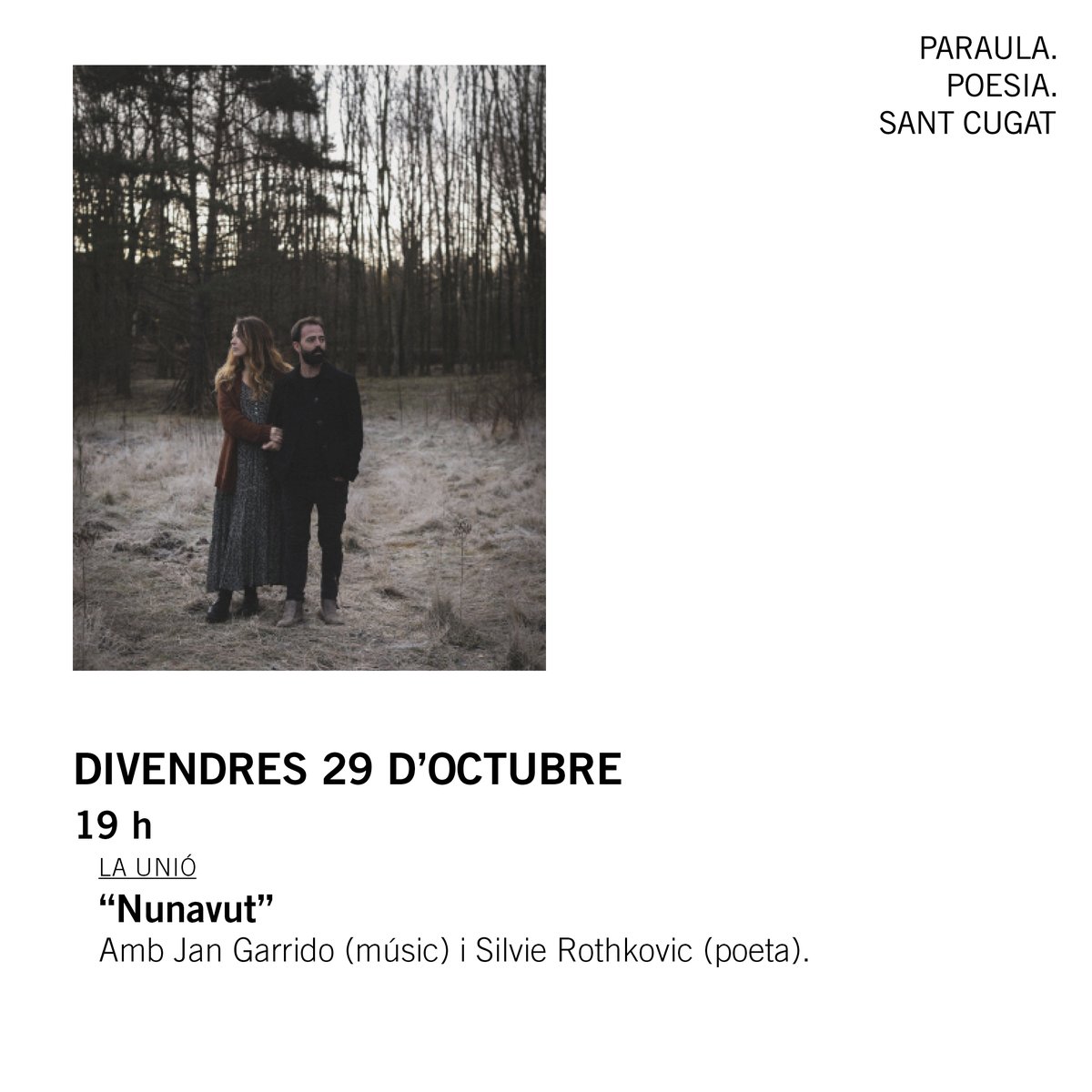 FNPoesiacat's tweet photo. Aquesta tarda a @launiosc podreu escoltar @Nunavutgrup, un projecte que neix de la trobada entre el Jan Garrido (músic) i la @silvierothkovic (poeta) i comprovar que de la música d’un i la poesia de l’altra naixia un paisatge. 

Reserva entrades 👉🏻 https://t.co/GcoEsDrqDA https://t.co/yTU4WvBb6y