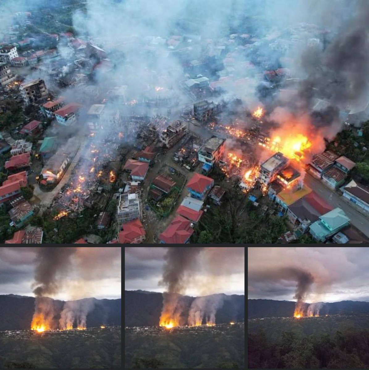 It is estimated than more than 100 houses including a Church and office building of Thantlang Baptist Church have been destroyed by arson attack of SAC Terrorists as to 6: 40 pm, Myanmar Time. #WhatsHappeningInMyanmar #Oct29Coup #WarCrimesOfJunta
