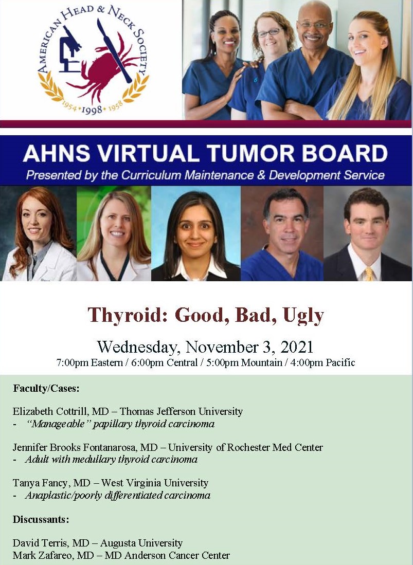 Join in to AHNS Virtual Tumor Board, featuring our Chief of Head and Neck Surgery, Dr. Tanya Fancy on Nov. 3rd! To Register: zoom.us/meeting/regist…