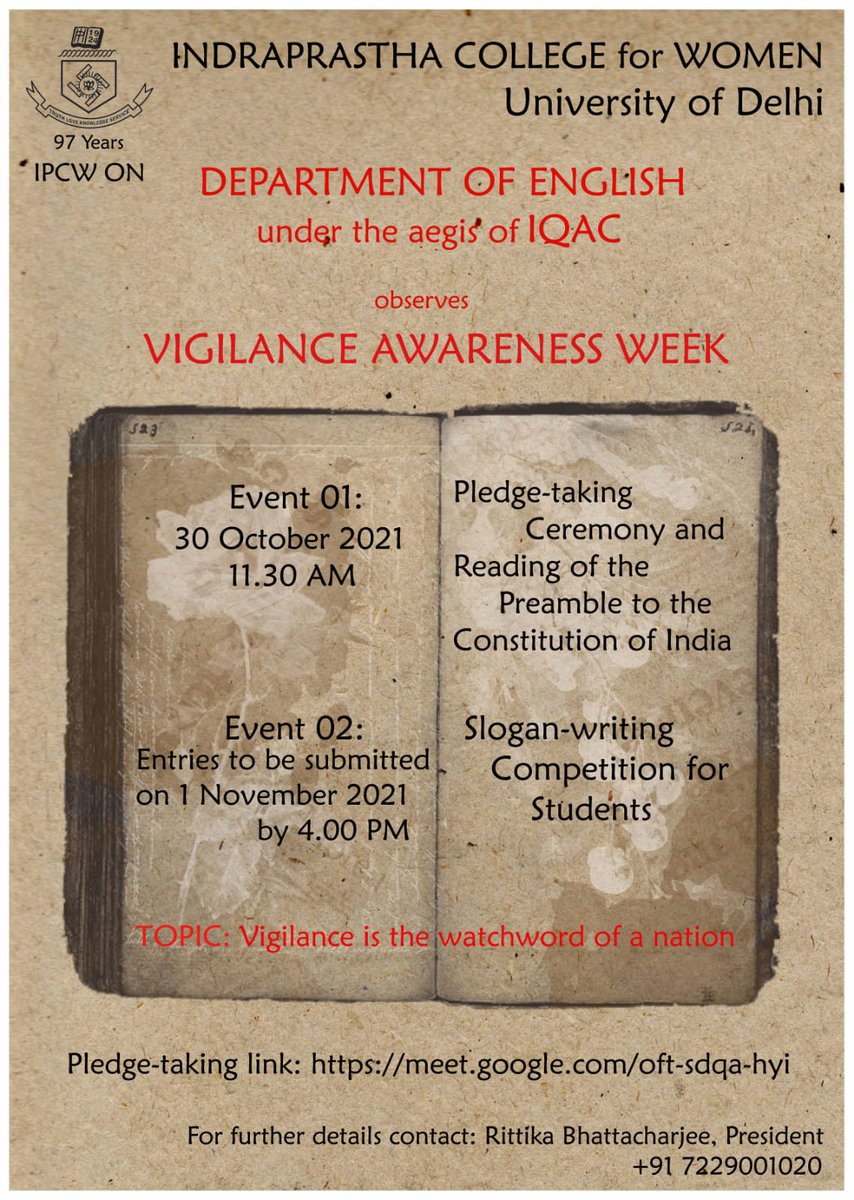 LIpcw's tweet photo. The Department of English is observing Vigilance Awareness Week by organising the following events:
1. Pledge-taking Ceremony and Reading of the Preamble to the Constitution of India.
2. Slogan-writing Competition.

Entries have to be submitted at:englishlitsocipcollege@gmail.com https://t.co/Vfb2BQAxV9