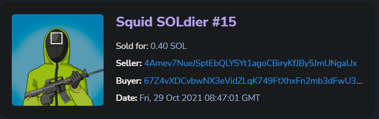 squidSOLdierNFT's tweet photo. Sold my first one today! I'm doing this 100% solo bc I believe in the future of #NFTs and the #Metaverse and want to show that anyone can partake. LFG!
#nftcollectors  #NFT #Solana  #NFTdrops #NFTcollection #NFTCommmunity  #NFTartwork #NFTshilling #SquidGame #SolanaNFTs #Solana https://t.co/PVQkogcSGC