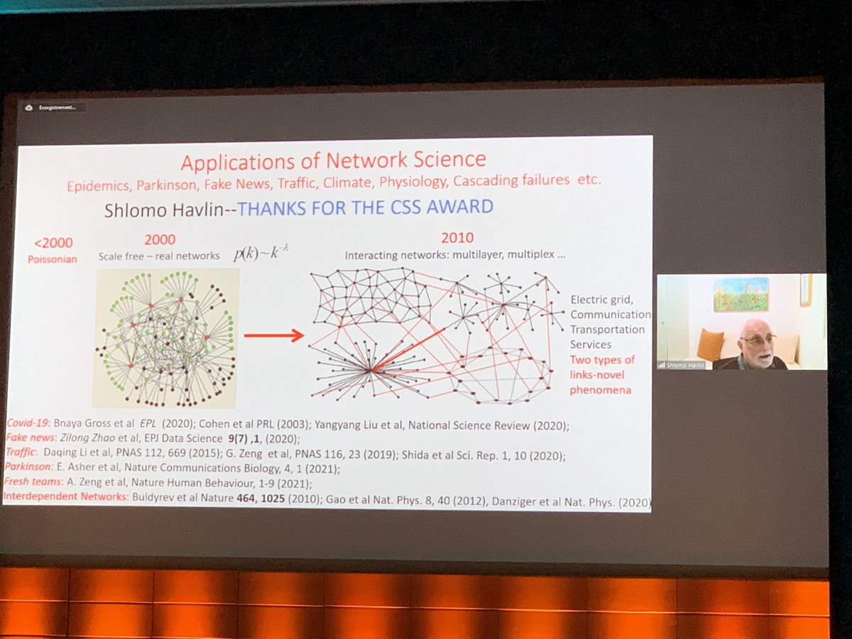 cgershen's tweet image. As recipient of the @CompSysSoc award, Shlomo Havlin delivers the last #ccs2021 keynote on applications of network science