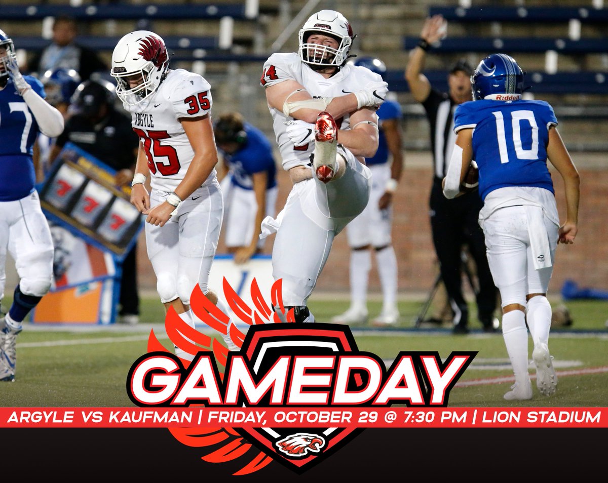 ArgyleISD's tweet photo. ๐ฆ
EAGLE GAMEDAY ๐ฆ
The Argyle Eagles (7-1, 3-1) hit the road tonight to face Kaufman at Lion Stadium. This is the final District 7-4A road game.
๐ Kickoff at 7:30 PM
๐๏ธ https://t.co/T2BtUtnfFT
๐ https://t.co/hwaS6kZ6Ne
๐ป https://t.co/DCAs0FtPYw
#txhsfb | #RepeatExcellence https://t.co/UgudOWIEMm