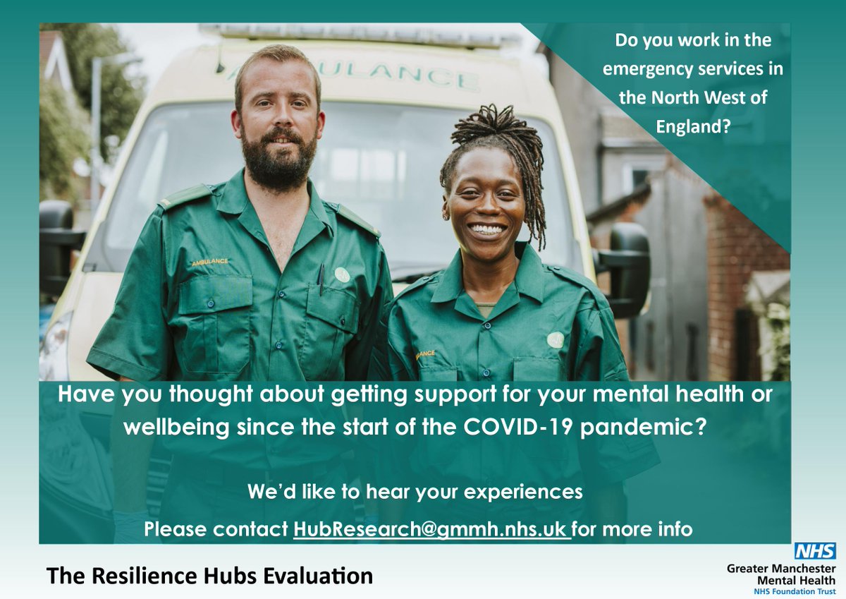 NW_HubResearch's tweet photo. Do you work for @NWAmbulance  and thought about accessing support for your mental health and well-being since the start of the pandemic? We’d like to hear your experiences. 

If you’re interested please send us an expression of interest at HubResearch@gmmh.nhs.uk https://t.co/6PzuakI23y