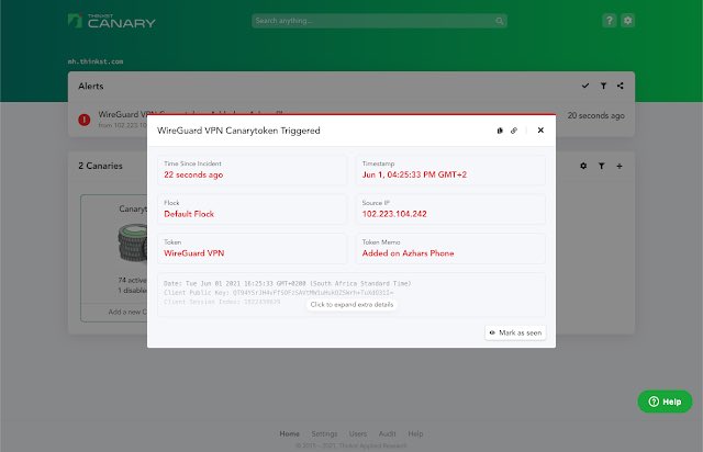A few months ago we released¹ our WireGuard Canarytoken.

Thanks to <a href="/azhrdesai/">Azhar Desai</a> that token is now available on our free Canarytoken server (at canarytokens.org)

$0.00 &amp;&amp; Super Useful! 

__
¹ blog.thinkst.com/2021/06/would-…