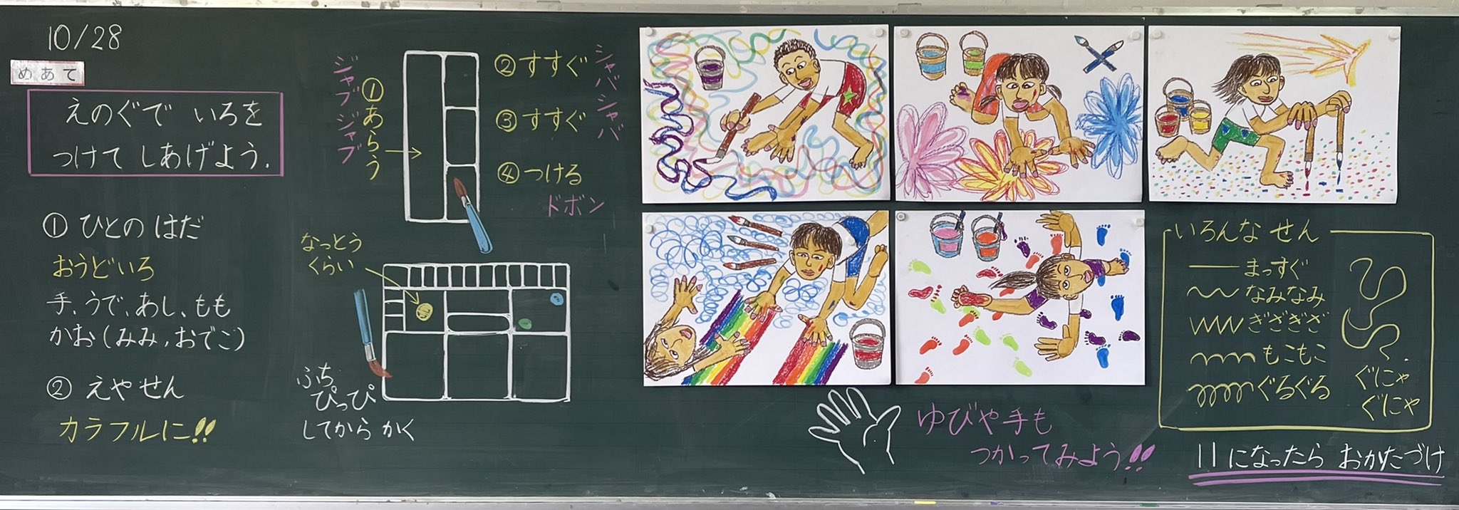 ミザリィ先生 １年 図画工作 おはなし から うまれたよ 人物を塗らせた後は 子供たちの思いのままに絵の具を使って 絵を描かせてみました 久しぶりの絵の具だったので 簡単に指導をして 色を塗らせました 前の造形遊びもあったので子供たちは