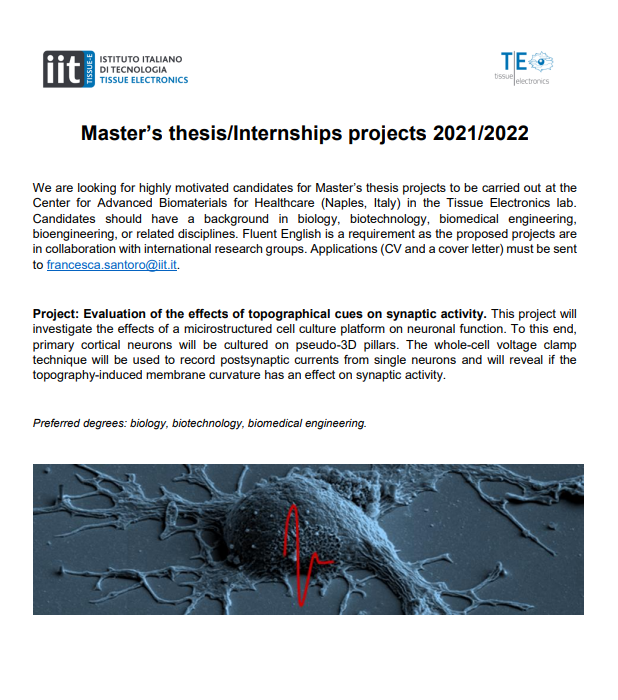 Tissue Electronics Lab IIT (@tissue_lab_iit) on Twitter photo βοΈ MASTER'S THESIS/INTERNSHIP PROJECTS AVAILABLE π
Tissue Electronics Lab IIT is looking for talented candidates with a background in biology, biotechnology, biomedical engineering or related disciplines.
Applications must be sent to francesca.santoro@iit.it βοΈ MASTER'S THESIS/INTERNSHIP PROJECTS AVAILABLE π
Tissue Electronics Lab IIT is looking for talented candidates with a background in biology, biotechnology, biomedical engineering or related disciplines.
Applications must be sent to francesca.santoro@iit.it