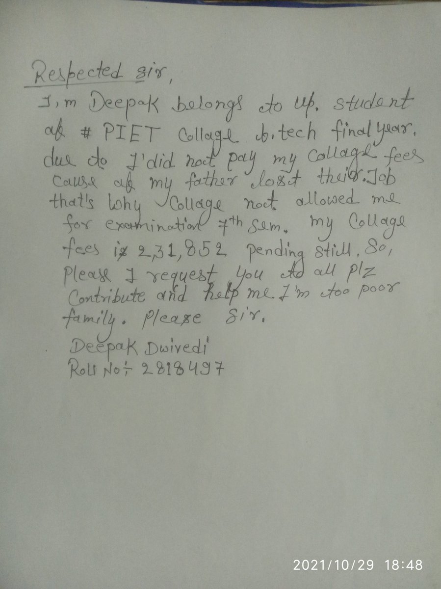 DeepakD50169375's tweet photo. @SoodFoundation @SonuSood  sir plz help me . I'm student https://t.co/peHnRfYmic final year due to loss my father job during lockdown period my collage not allowed me for my exam of 7th sem because  I didn't able to collage fees cause of financial situation not good this time. https://t.co/9ho9uxzpmy