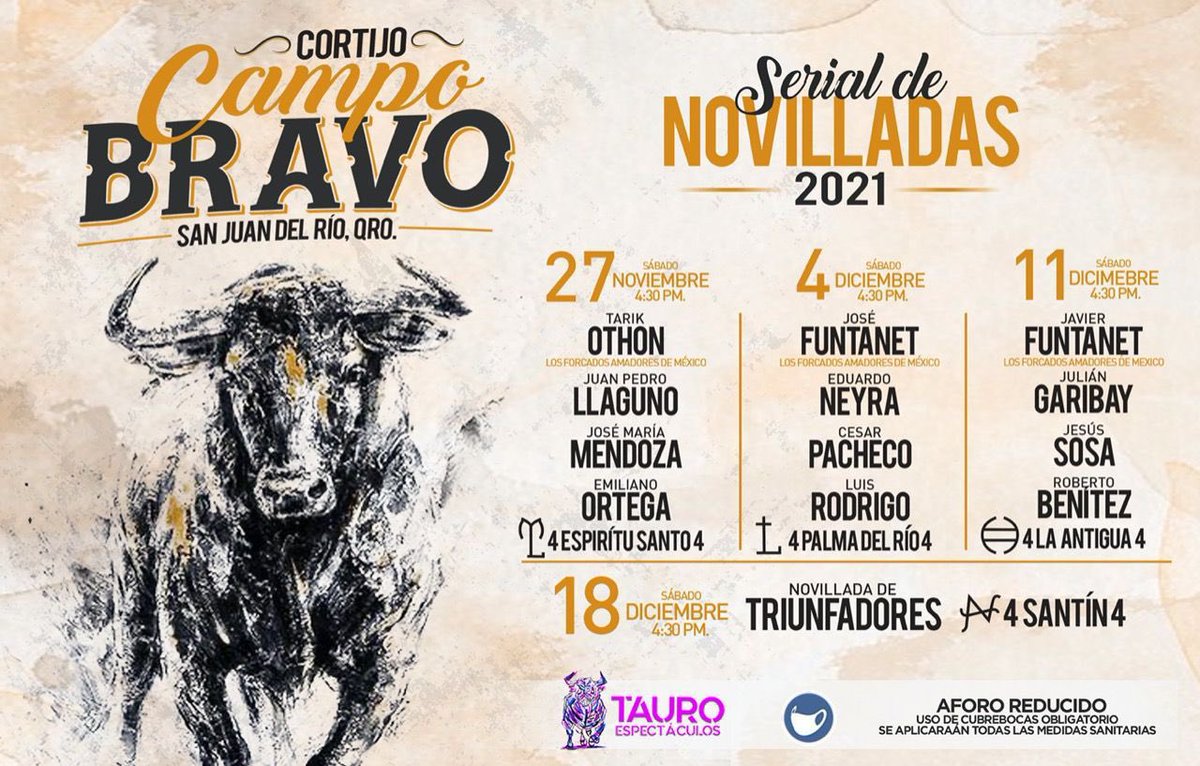 ¡VOLVEMOS A QUERETARO!

¡Gran Serial Novilleril!

Impulsando a las promesas del toreo.
Novillada inaugural este sábado 27 de noviembre en CAMPO BRAVO San Juan del Rio, Qro.

¡Esperalo!