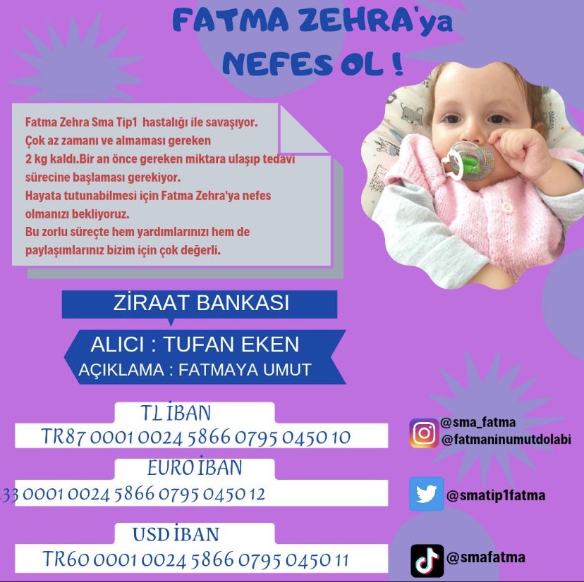 Bugün @smatip1fatma  için 1 KAHVE PARANIZA talibiz 🙏🏻 Fatma nın kampanyası %14  lütfen el birliği  ile bugün onun için destek olaşım🙏🏻..
VALİLİK İZİNLİ İBAN

Ziraat Bankası
     ⬇️
TR87 0001 0024 5866  0795 0450 10 
Alıcı adı Tufan Eken
Açıklama Fatmaya Umut🌸