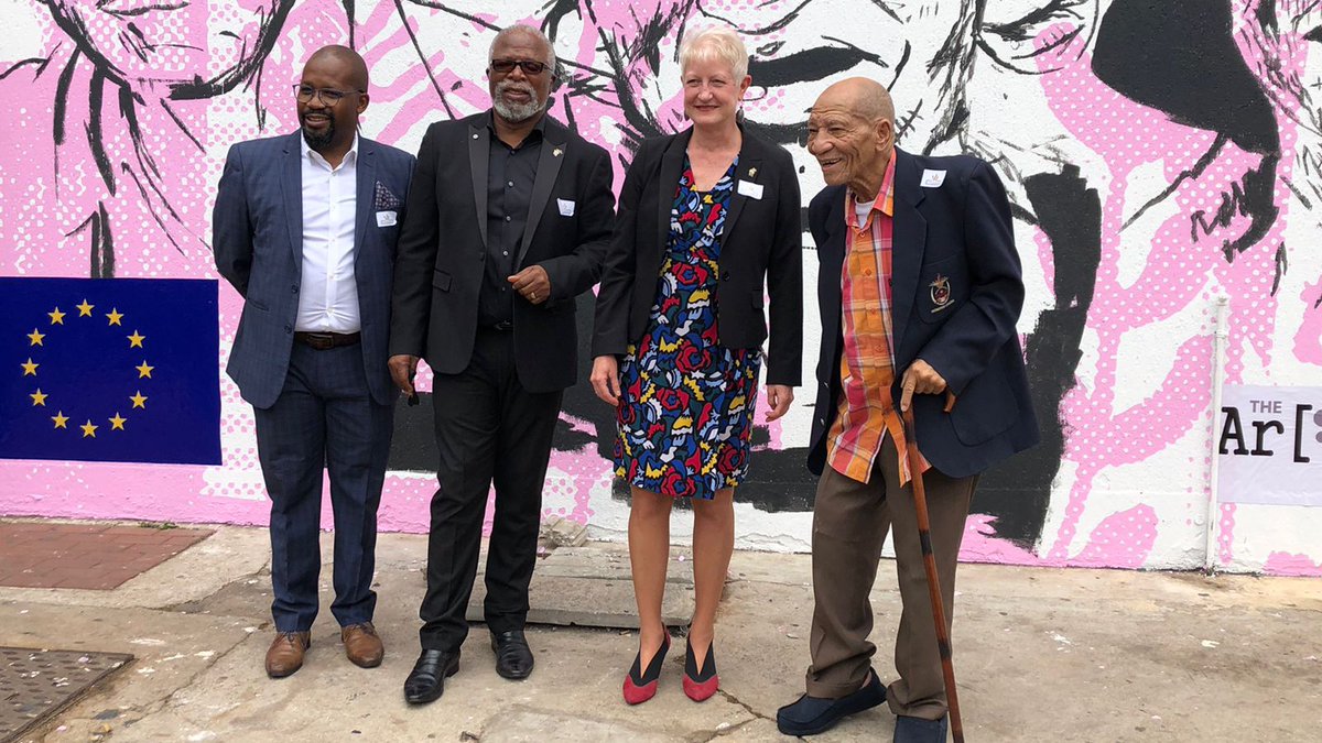 DebPublicist's tweet photo. @MTDesando, @JohnKani2, Dr Riina Koinka, Ambassador, EU Delegation and Don Mattera at the unveiling of the @actorgza Warrior Wall yesterday in Maboneng. #ACTWarriorWall #actalumni https://t.co/pn1eh4305W