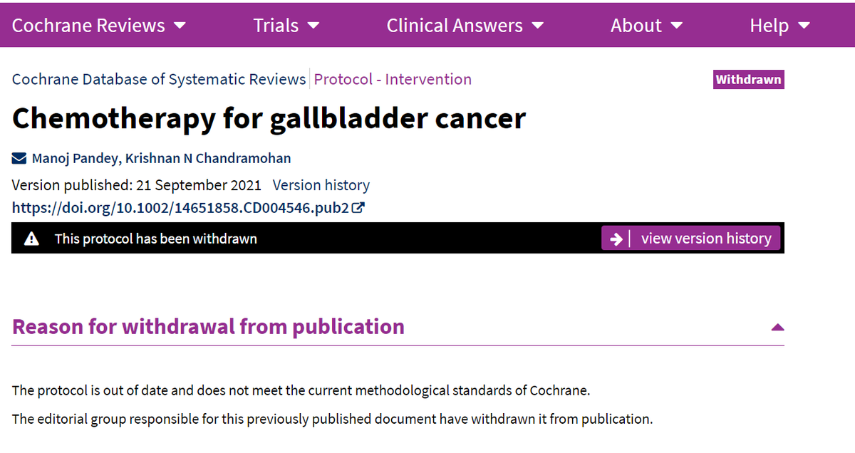 manojpandey66's tweet photo. Here is my first #retraction. How can an editor retract a protocol published in 2004 stating that the protocol is out of date? Does it not apply to most research? does all of them get withdrawn? #Cochrane #meta_analysis #Systemetic_review @CochraneLibrary @cochranecollab https://t.co/Js4DAICAWg