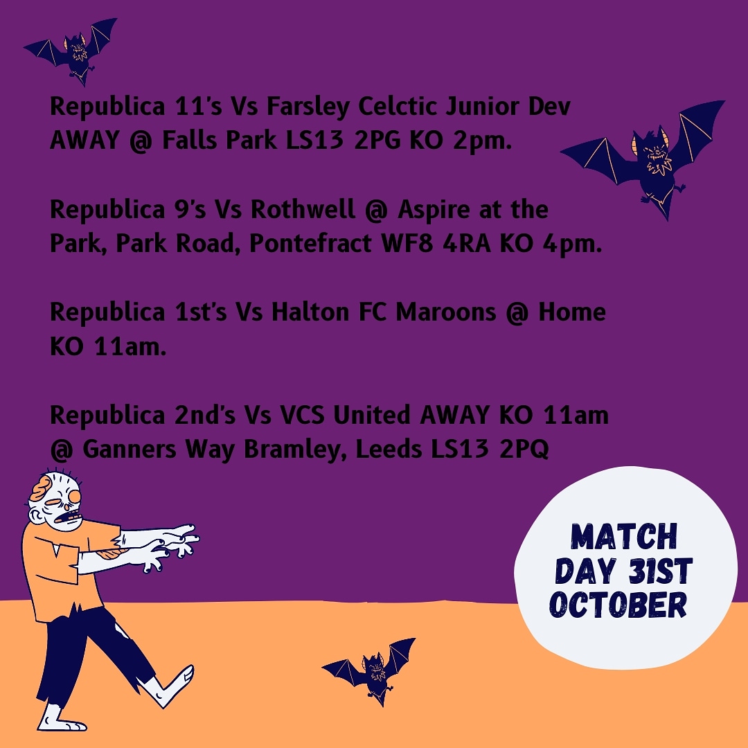 Who's ready for some football?! 

Good luck to all playing and especially good luck to our Republica 11s who will be playing on a literal hill. Would love to see premier League players try that ey?!

Enjoy your Halloween weekend whatever you're up to and stay safe 🎃
