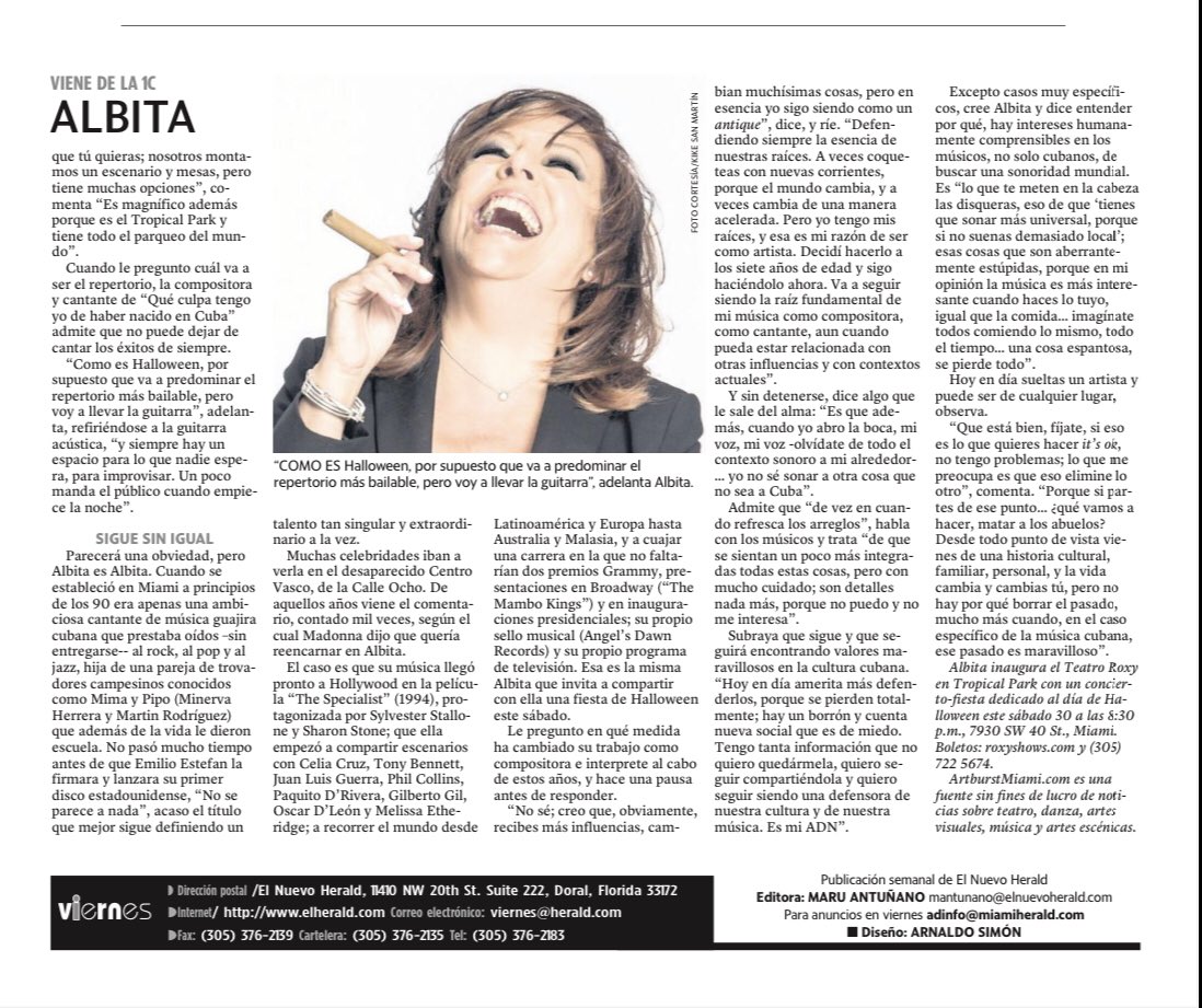 Para los que prefieren leer la versión impresa… así aparece hoy <a href="/elnuevoherald/">el Nuevo Herald</a> el artículo <a href="/artburstmiami/">ARTBURST</a> de <a href="/jaevora/">Jose Antonio Evora</a> sobre #Albita y la inauguración del #RoxyTheatre #música #Halloween <a href="/DRamirezEditor/">Deborah Ramirez</a> <a href="/maruantunano/">Maru Antuñano</a> <a href="/MiamiDadeArts/">MDC Cultural Affairs</a> @ArtsBizMiami <a href="/casadanza1/">casadeladanzalogroño</a> <a href="/DanzadanceOrg/">DANZADANCE ORG</a>