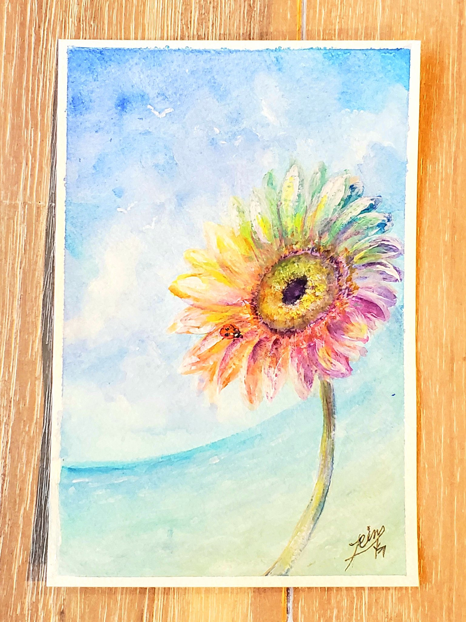 Nature Artist Rin 画家 シンギングボウル奏者 レインボーガーベラ 花言葉は 希望 常に前進 辛抱強さ 神秘 空とガーベラ好きな友人が元気になりますように と願いを込めて 大好きな虹色で描いてみました ガーベラ 花言葉 アクリル
