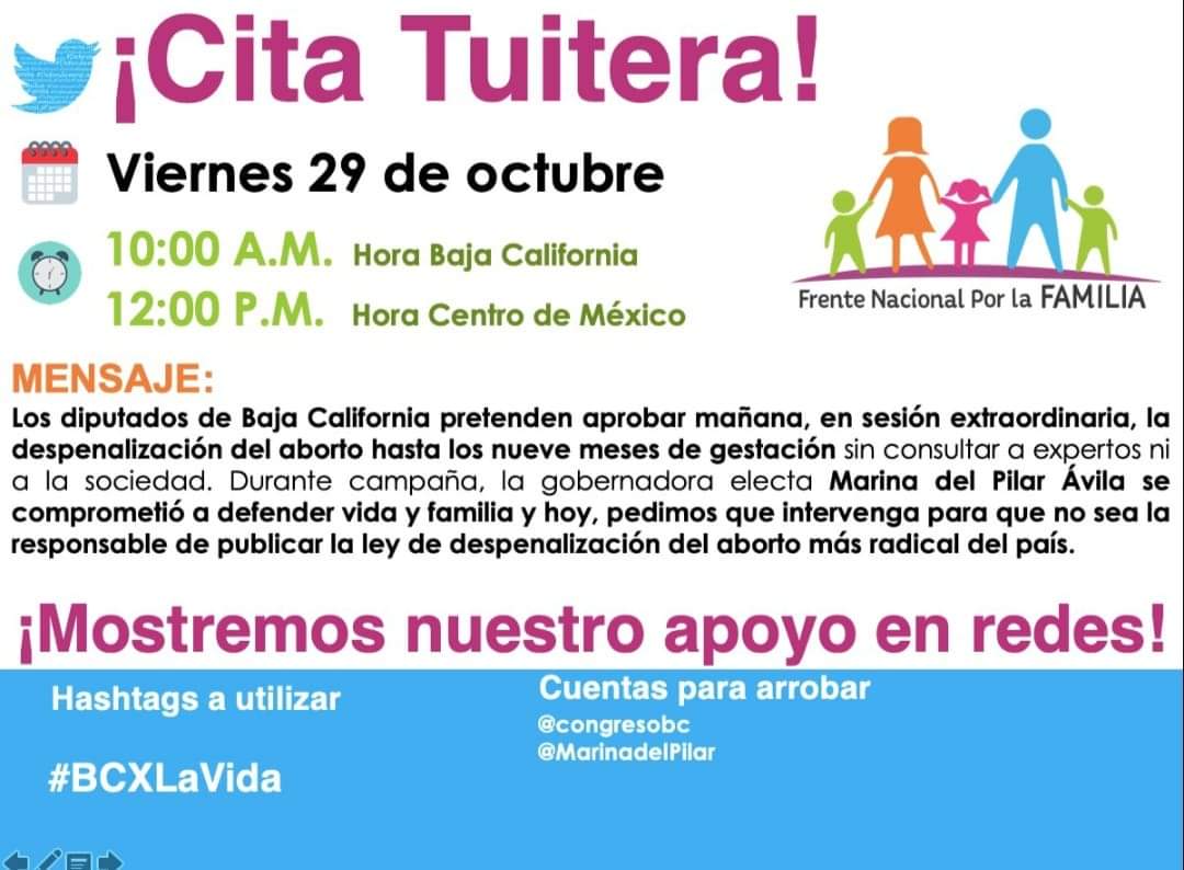 FrenteTj's tweet photo. 🚨 *ACTÍVATE* 🚨
Los diputados de Baja California pretenden aprobar HOY, en sesión extraordinaria, la despenalización del aborto hasta los nueve meses de gestación sin consultar a expertos ni a la sociedad. https://t.co/6S9WtuSDAP