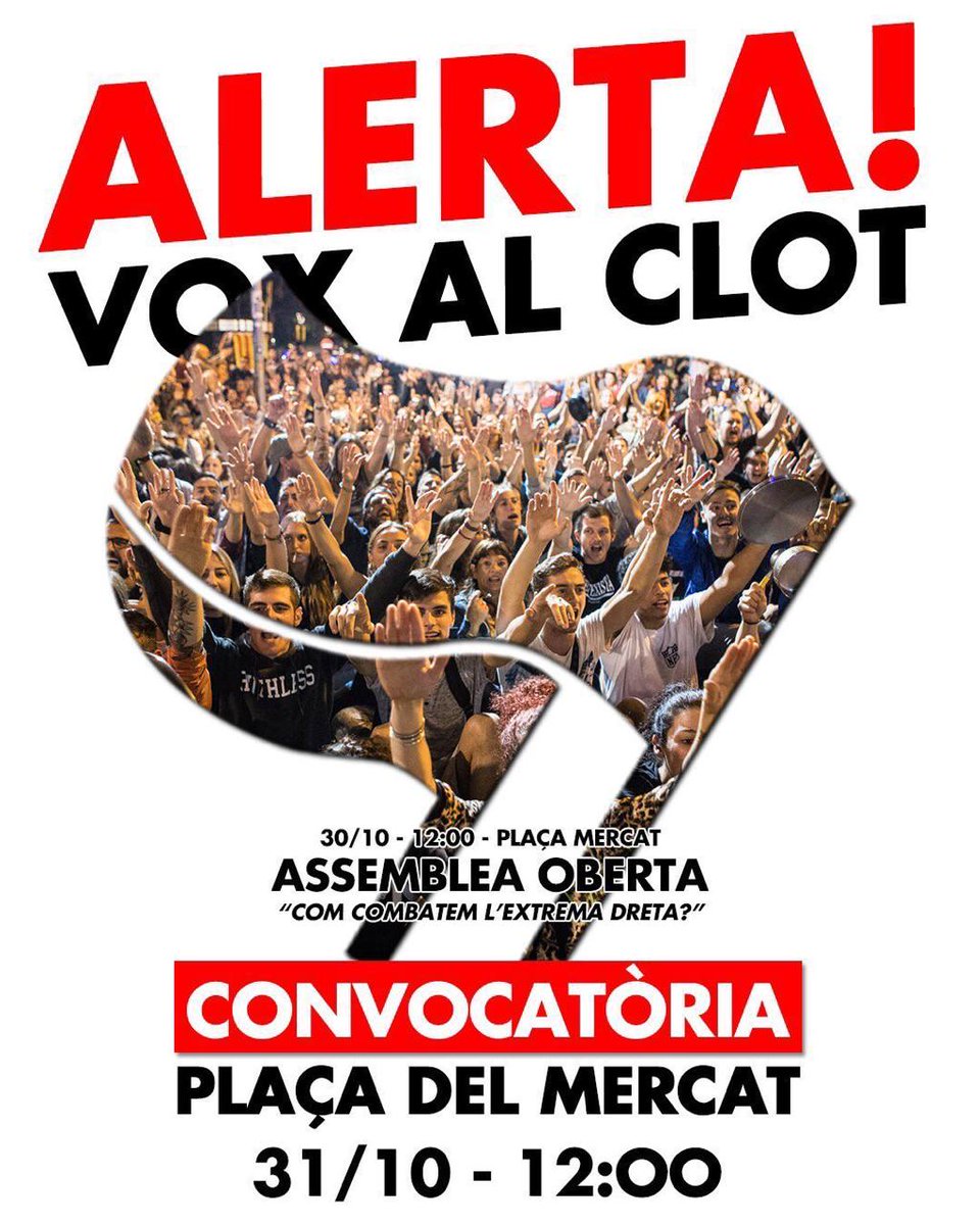 💥 Espulsem el feixisme dels nostres barris!

Convocatòria:

👉 Dissabte 30 assemblea oberta antifeixista a les 12:00 a la Plaça del Mercat

👉 Diumenge 31 convocatòria a les 12:00 a la Plaça del Mercat
