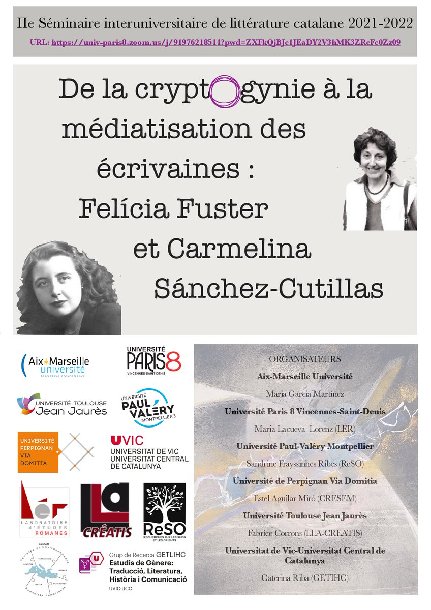 terbolatzur's tweet photo. Ací teniu el programa del seminari interuniversitari en línia «De la cryptogynie à la médiatisation des écrivaines: Felícia Fuster i Carmelina Sánchez-Cutillas».
@UnivParis8 @upvd1 @SectionCatalan @UTJeanJaures @aixencatala @univamu @uvic_ucc @univpaulvalerie

#Centenàries https://t.co/nJ11INfOsr