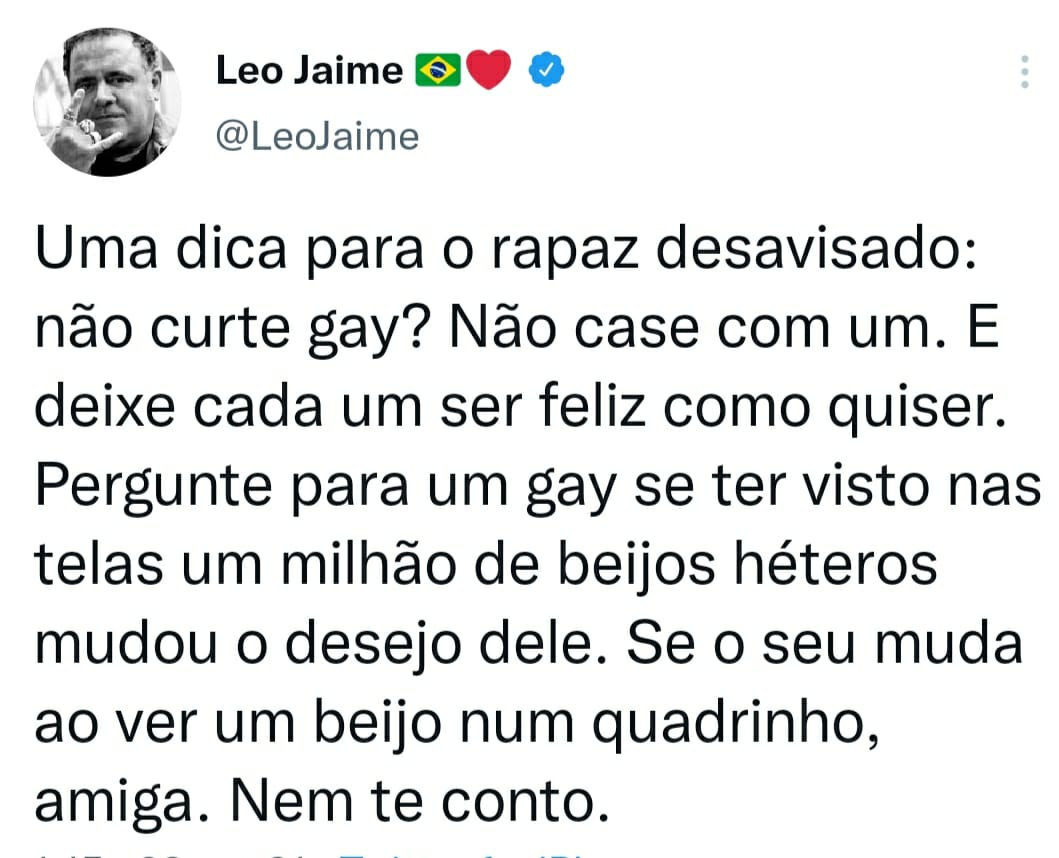 QoT (@quebrandootabu) on Twitter photo Que masculinidade frágil é essa? Acontecendo tanta coisa no Brasil e o cara vai ficar preocupado com a forma de amar das pessoas...
Via <a href="/LeoJaime/">Leo Jaime 🇧🇷❤️</a> Que masculinidade frágil é essa? Acontecendo tanta coisa no Brasil e o cara vai ficar preocupado com a forma de amar das pessoas...
Via <a href="/LeoJaime/">Leo Jaime 🇧🇷❤️</a>