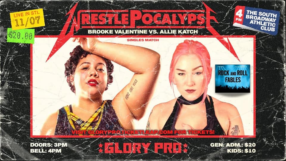 RNRFables's tweet image. Did you know that we're teaming with @WeAreGloryPro AGAIN?!?! But this time we're spreading the love and sponsoring 2 matches at the upcoming #WrestlePocalypse happening on 11/7 at the SBAC in St Louis! We got @QueenBeeBrookeV v @AllieKATCH &amp;amp; @JPWARHORSE v @AriyaDaivari! #RNRF