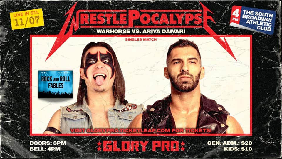 RNRFables's tweet image. Did you know that we're teaming with @WeAreGloryPro AGAIN?!?! But this time we're spreading the love and sponsoring 2 matches at the upcoming #WrestlePocalypse happening on 11/7 at the SBAC in St Louis! We got @QueenBeeBrookeV v @AllieKATCH &amp;amp; @JPWARHORSE v @AriyaDaivari! #RNRF