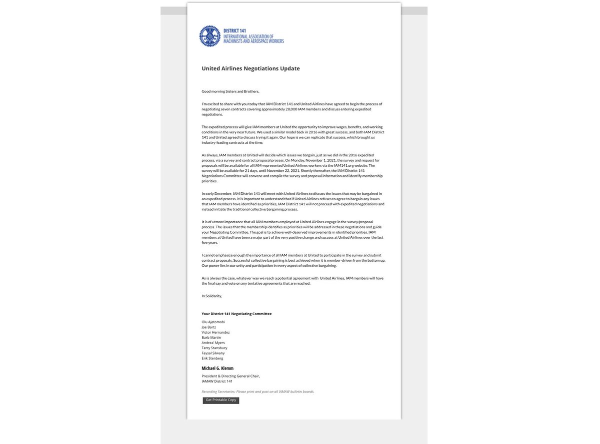 IAMDistrict141's tweet photo. United Airlines Negotiations Update
                                                                               
IAM District 141 and United Airlines have agreed to begin negotiating 7 contracts click link
https://t.co/C6lBegK06i
@IAMDistrict141 @iamtransport @MachinistsUnion https://t.co/U38AO3VQxf