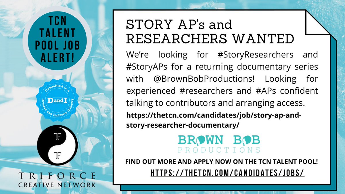 TriForce - TCN (@triforceevents) on Twitter photo We’re looking for #StoryResearchers and #StoryAPs for a returning documentary series with @BrownBobProductions! 
Looking for experienced #researchers and #APs confident talking to contributors and arranging access. 
thetcn.com/candidates/job… We’re looking for #StoryResearchers and #StoryAPs for a returning documentary series with @BrownBobProductions! 
Looking for experienced #researchers and #APs confident talking to contributors and arranging access. 
thetcn.com/candidates/job…
