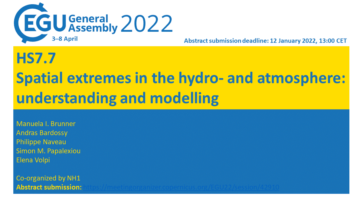 ManuelaIBrunner's tweet photo. #EGU22 abstract submission opened and we invite contributions to our #SpatialExtremes session. If you study the regional aspects of floods, droughts, storms, or heatwaves, this might be for you.
Further details and abstract submission: https://t.co/eVSgmzfXSn
@SimonPapalexiou https://t.co/EihZVvh9LU