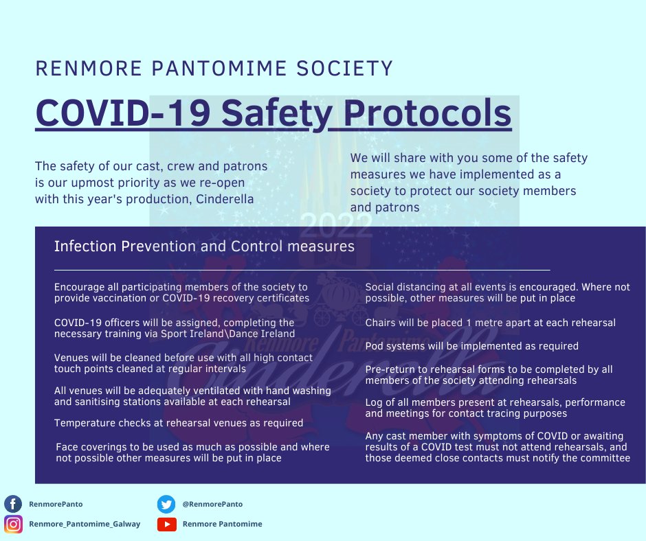 RenmorePanto's tweet photo. The safety or our cast, crew and patrons during the COVID-19 pandemic is very important to the Renmore Pantomime Society. 
With this in mind, we want to share with you the protocols we have implemented to ensure everyone's safety. https://t.co/ifpzv5qMF8
